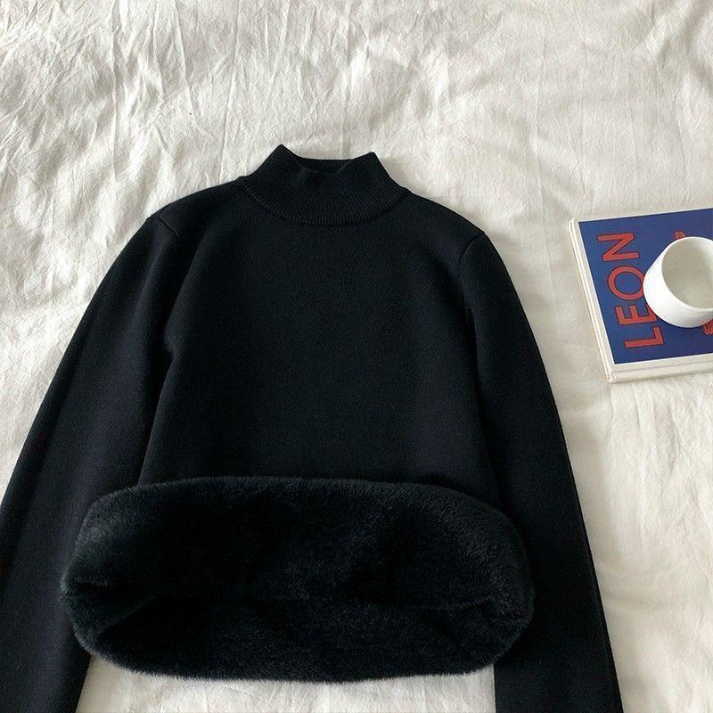 Womens Half-Collar Fleece Lined Knit Sweater Winter Warm Base Top Slim Fit Long Sleeve Pullover