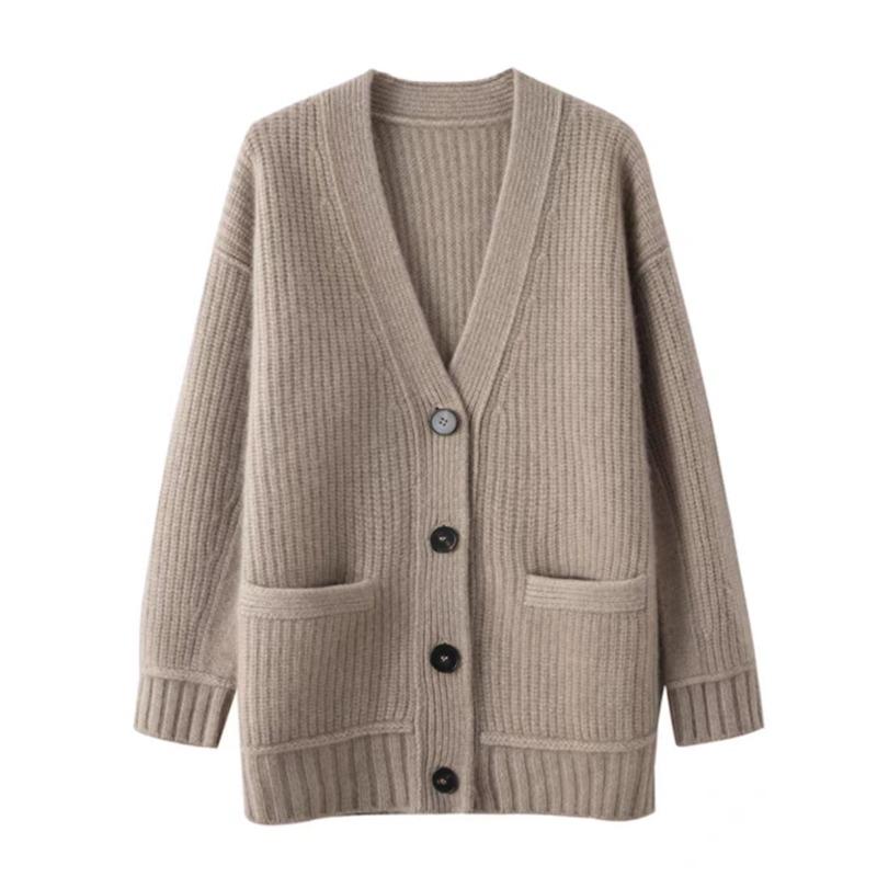 Модный длинный рукав свободный V-образный вырез кардиган свитер женский зимний однобортный повседневный вязаный кардиган пальто женский винтажный трикотаж верхняя одежда 25518