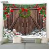 Christmas Tapestry Vintage Brown Wooden Door Green Pine Branch Xmas Balls Winter Scenery New Year Home Garden Decor Wall Hanging