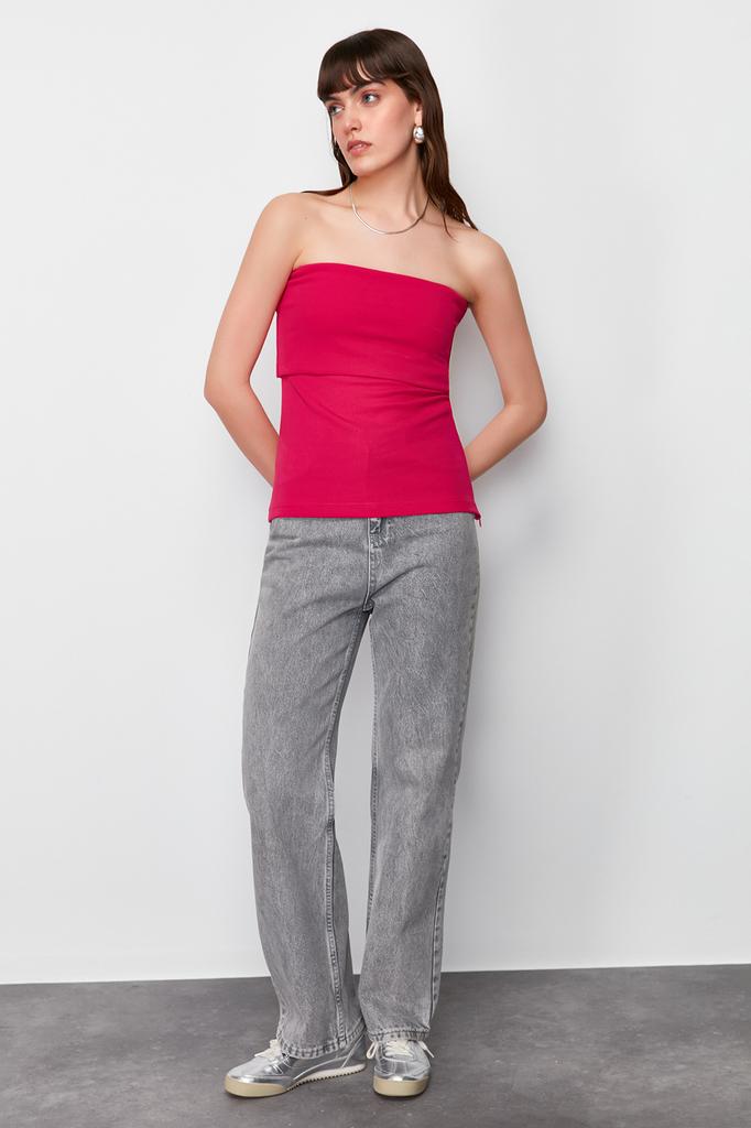 Women's Fashion New Blouse Green Strapless Collar Side Zipper Crepe Knitted Blouse