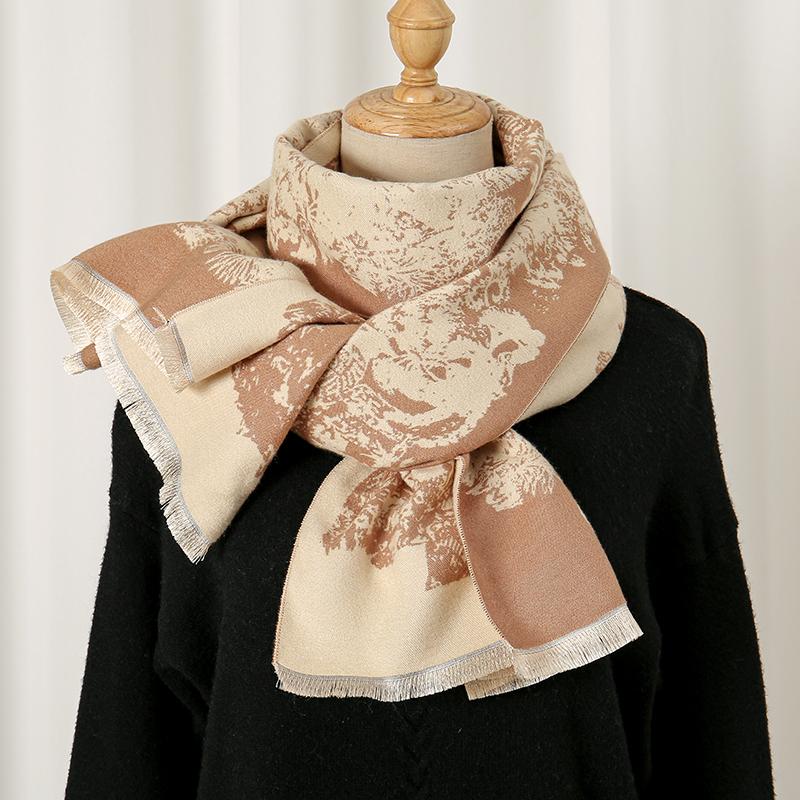 Winter Warm Printed Cashmere Scarf for Women Thick Feathered Edge Blanket Wraps Pashmina Bufanda Tassel Female Long Foulard