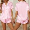 Summer Women's Pajama Set Satin Short Sleeve Lapel Tops with Shorts Sleepwear 2 Piece Loungewear Nightwear Home Clothes