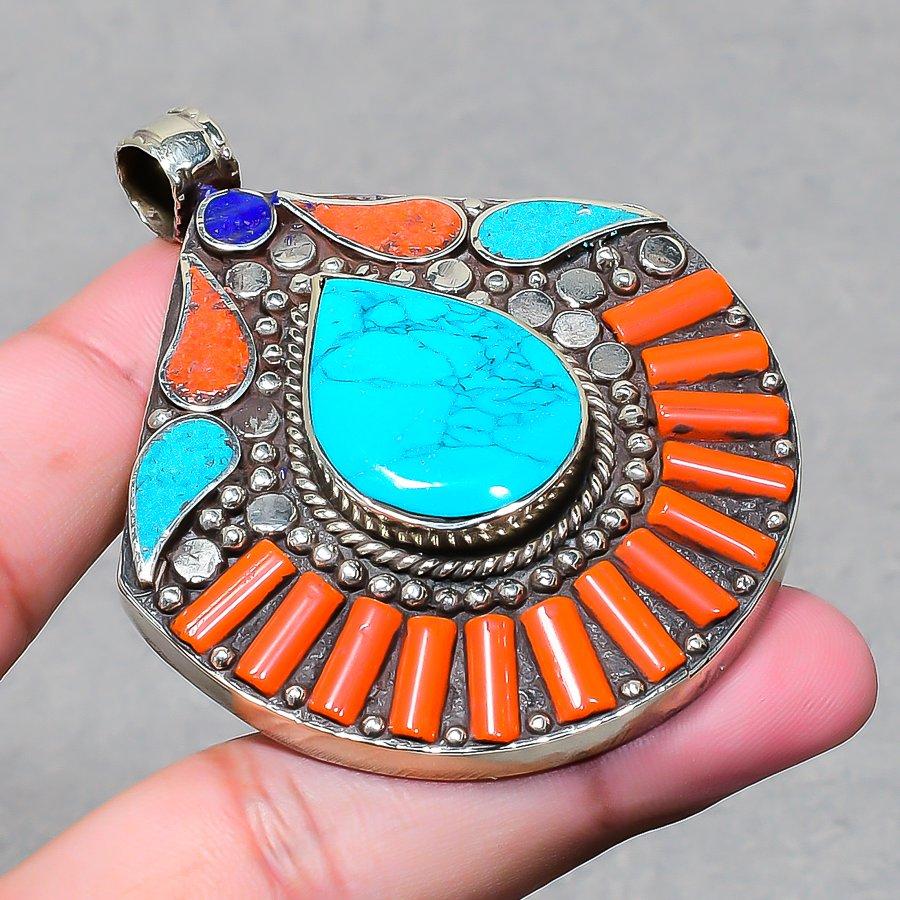 Vintage Tibetan Nepali Pendant 2.6" Natural Turquoise Coral Lapis Lazuli NP 2494