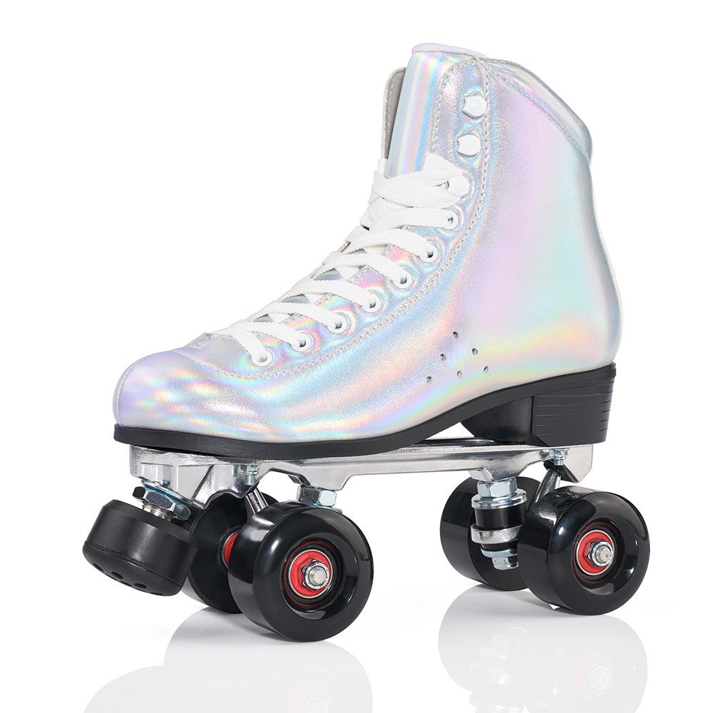 New In-Stock Double-Row Roller Skates with Laser Fabric, Adjustable Brake, and PU Flashing Wheels for Ice Rink.