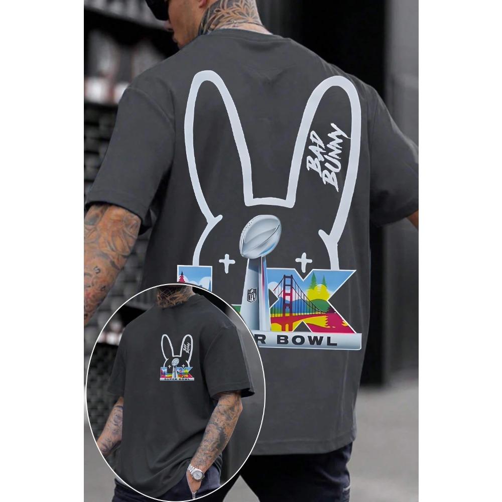 Двусторонняя оверсайз футболка Bad Bunny x Super Bowl LIX Сан-Франциско, Унисекс, Уличная одежда для фанатов латинской музыки и НФЛ, 100% хлопок, Повседневная, С коротким рукавом
