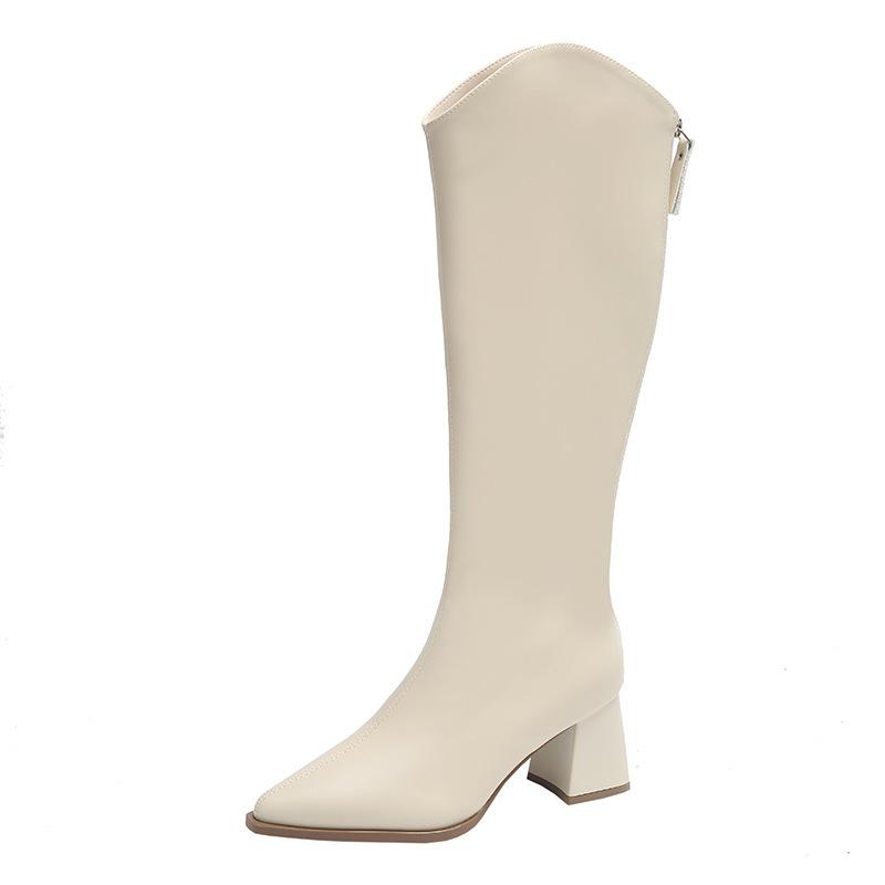 2024 новые эластичные сапоги с острым толстым каблуком и V-образным вырезом женские сапоги с тонкой молнией сзади, но высокие сапоги-рыцари до колена