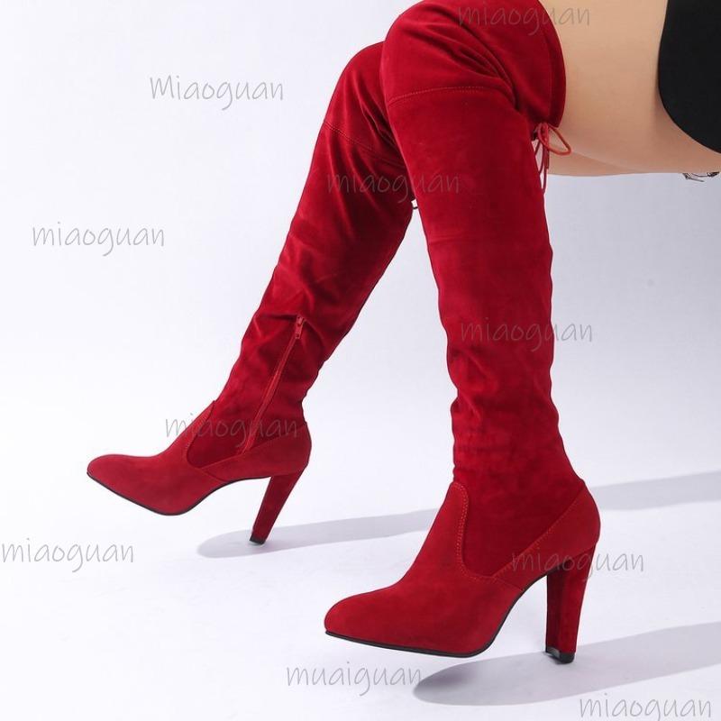 Ботфорты с боковой молнией, сексуальные замшевые ботинки на высоком каблуке с острым носком, современные ботинки, размеры 35-43, женские длинные ботинки, черные, серые, красные ботинки