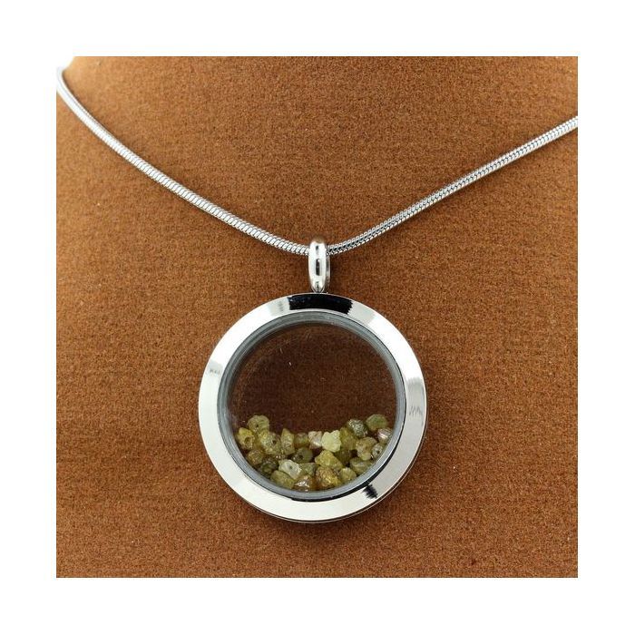 Stones and Minerals. Raw Green Yellow Diamond Necklace. 25 Mm Medallion Model. Color Silver.