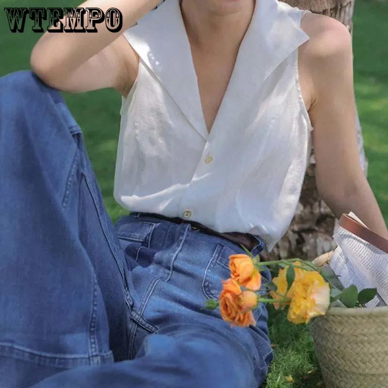Летняя французская камзола без рукавов, женская блузка с лацканами и V-образным вырезом, нишевый темпераментный шифоновый топ, классическая рубашка на пуговицах, сплошной цвет, простой топ на бретелях