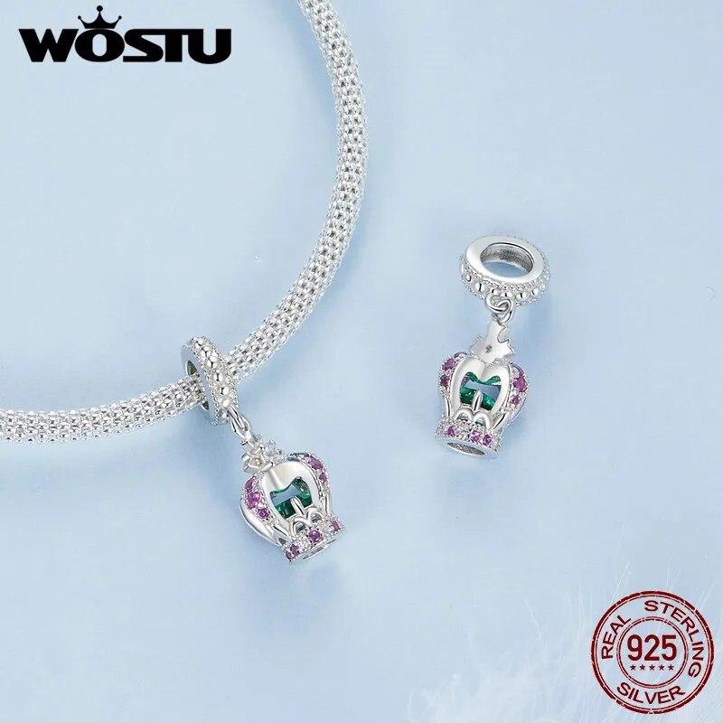WOSTU 925 Sterling Silver Pink Heart Faith Pendant Pavé Setting CZ Crown Gradient Glass Toucan Fit Original Bracelet Guard Gifts