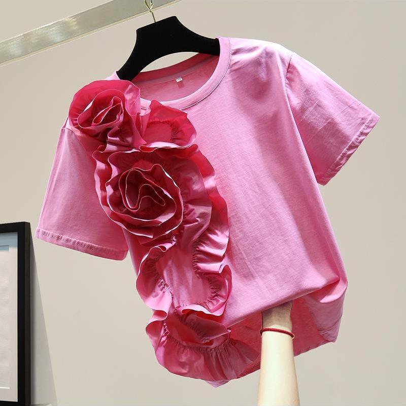 Летний женский свободный приталенный топ с 3D цветочной лоскутной отделкой и оборками, 2023