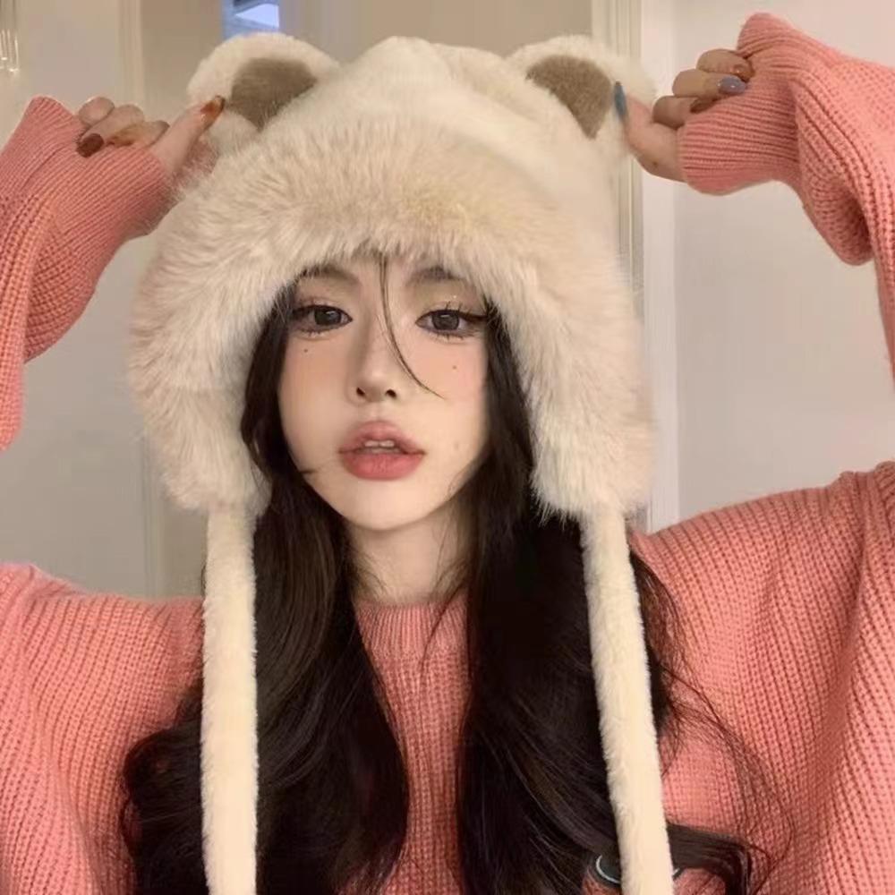 Шапка женская осенне-зимняя пушистая зимняя кроличья шерсть молниеносная шапка с мячом для защиты ушей теплая холодная утолщенная плюшевая ветрозащитная шапка