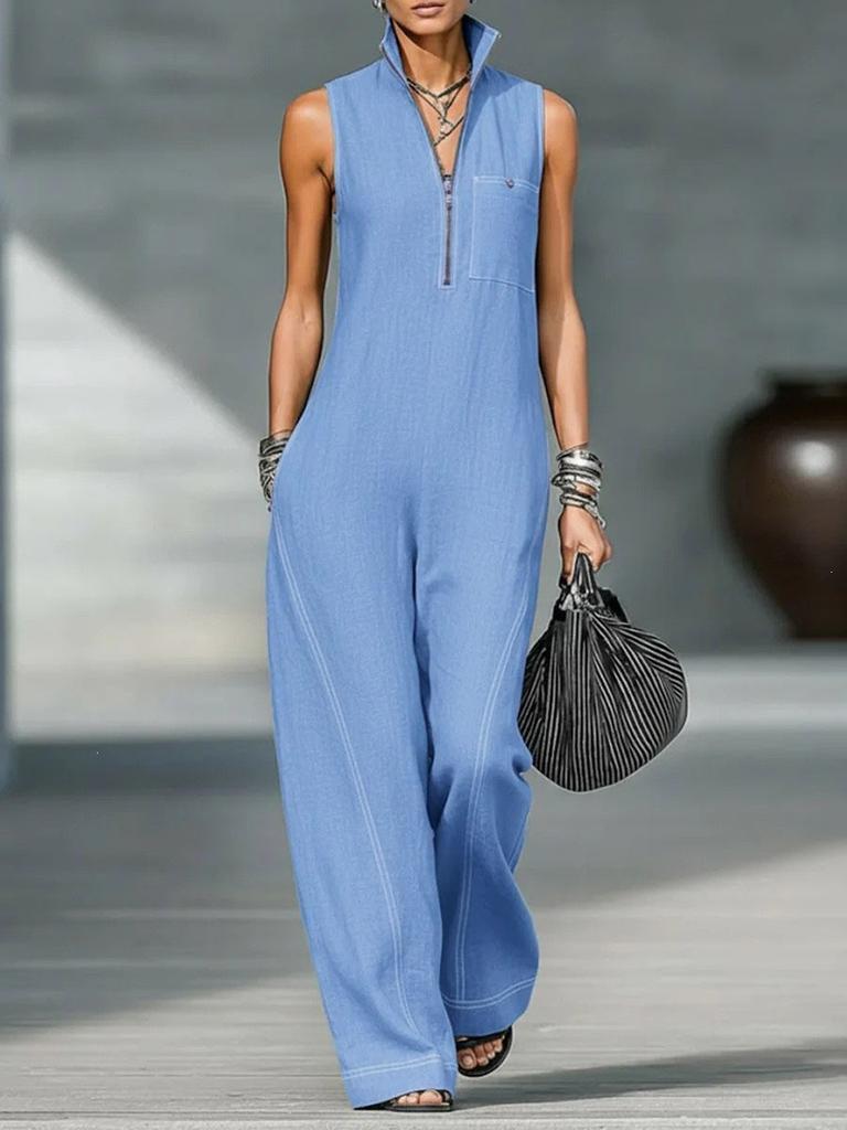 2026 new cross-border, European, American Amazon independent station women's stand-up collar sleeveless casual loose cotton and linen jumpsuit