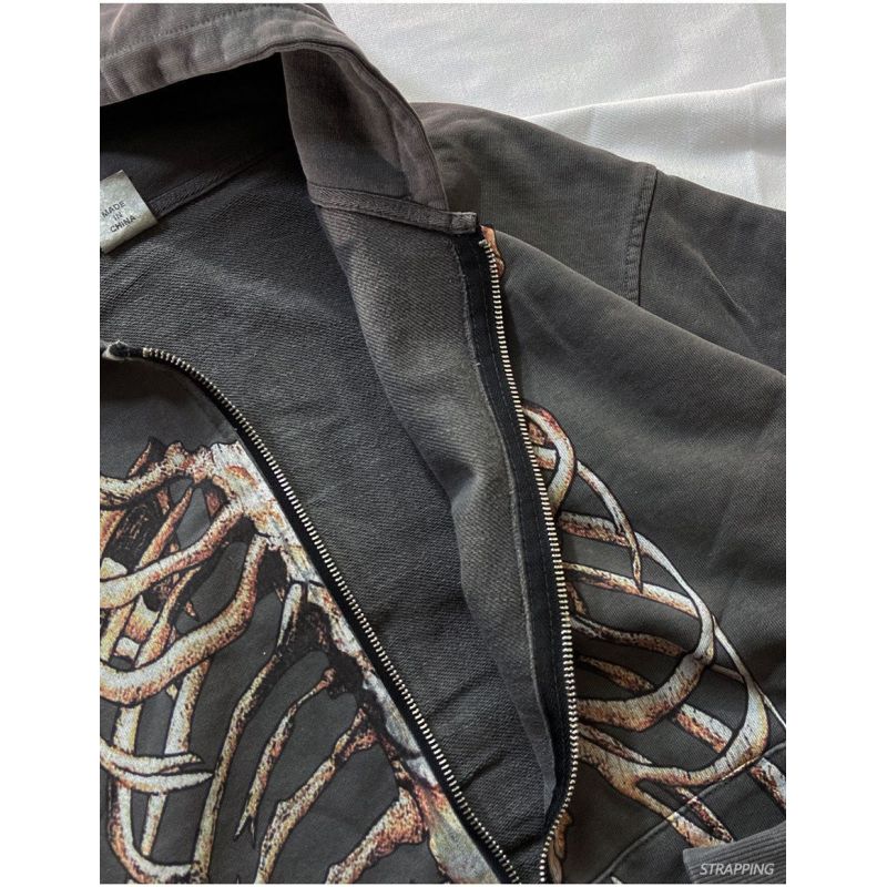 Темный отдел в стиле рок, оверсайз, американская ретро костяная толстовка с капюшоном на молнии, уличный хип-хоп для мужчин и женщин