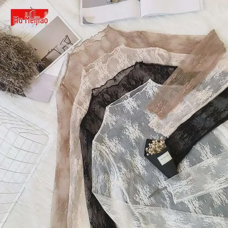 Блузка из кружевной сетки Four Seasons с полувысоким воротником и длинными рукавами, просвечивающая, в корейском стиле