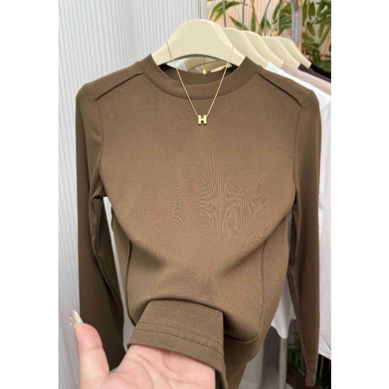 Small stand-up collar polished bottoming shirt women's spring design fish bone front shoulder long-sleeved shirt solid color top