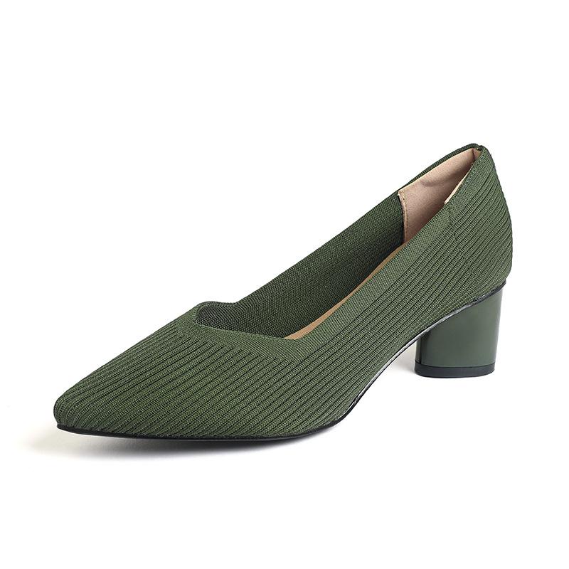 Мода 2025 Острый носок Средний каблук Дышащие Удобные Вязаные туфли Женские Неглубокий вырез Массивный каблук Мода Zapatos De Mujer Туфли-лодочки