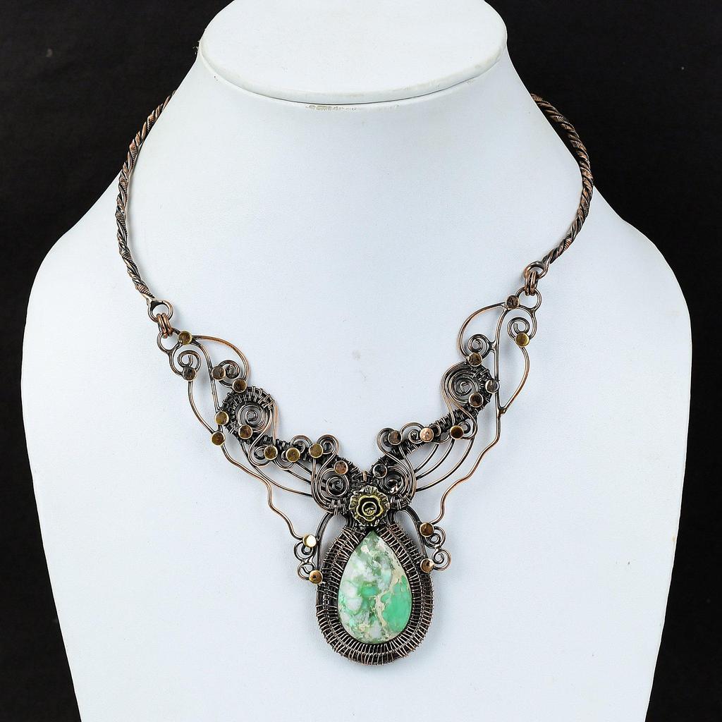 Variscite Gemstone Necklace Copper Wire Wrapped Necklace Adjustable Necklace Copper Jewelry Handmade Necklace Wire Wrap Jewelry Gift For Her