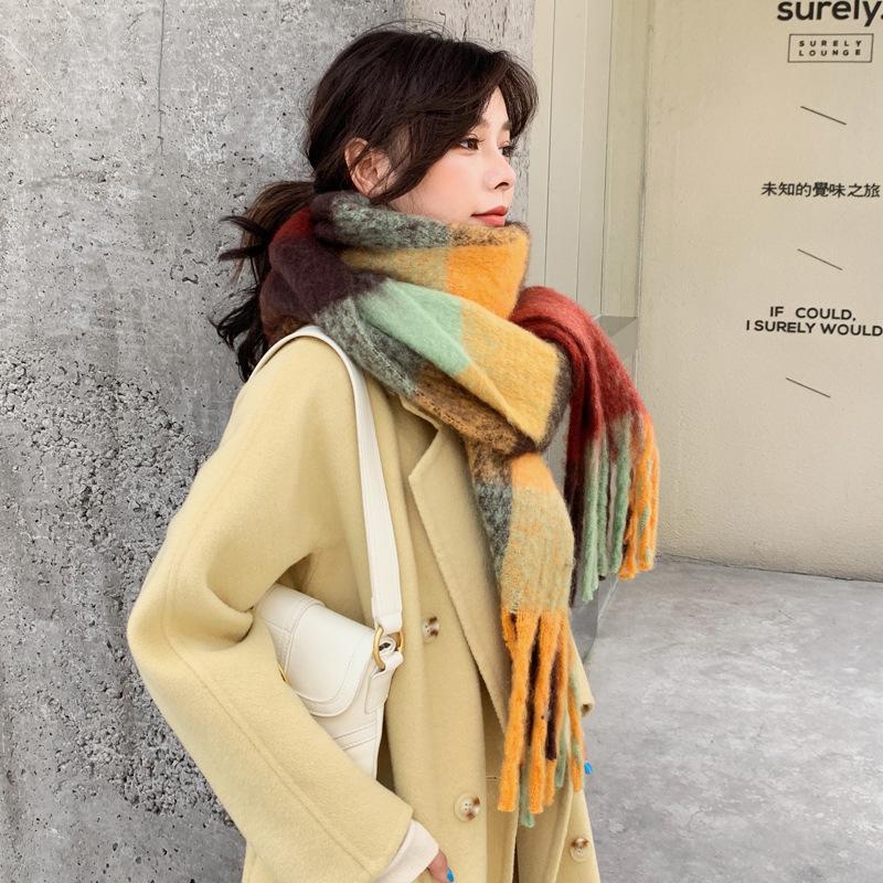 Autumn and Winter Imitation Cashmere Fringed Large Scarf Women's Warm Thickened Double-sided Color Matching Enlarged Shawl Fluffy Tide
