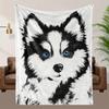 1pc Soft Flannel Blanket - Black & White Dog with Blue Eyes, HD Digital Print Throw - All-Season Couch, Bed, Gift - Machine Wash