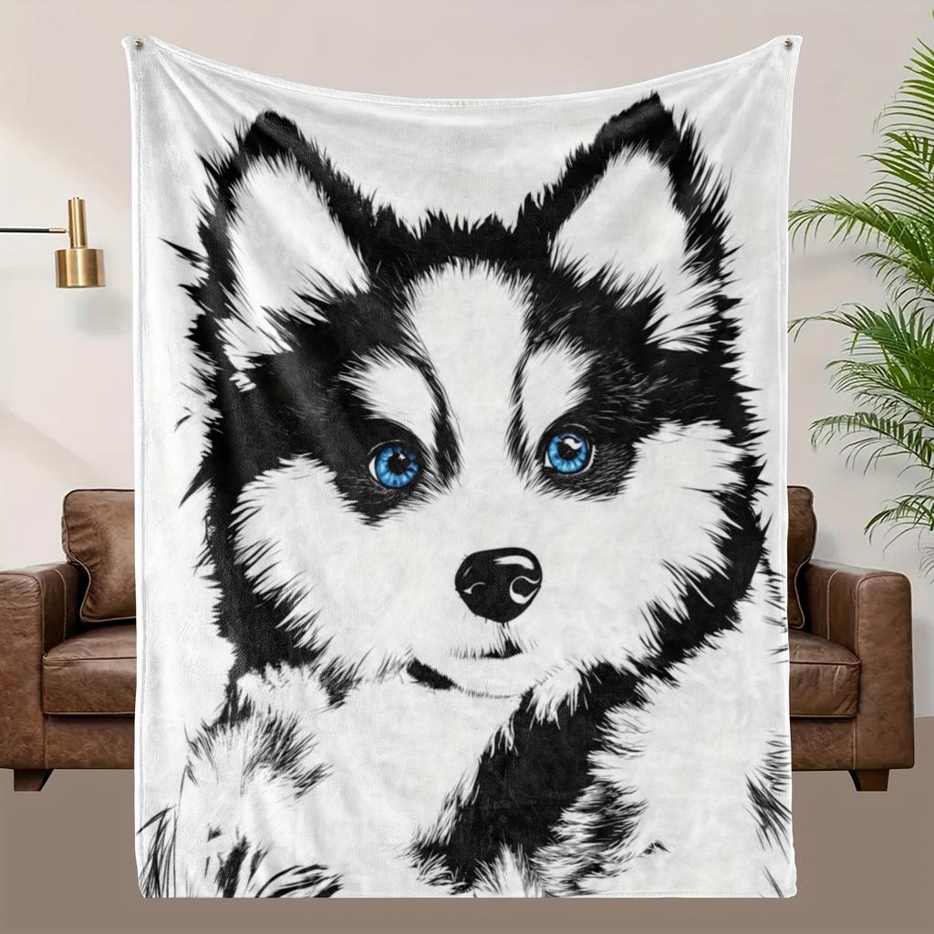 1pc Soft Flannel Blanket - Black & White Dog with Blue Eyes, HD Digital Print Throw - All-Season Couch, Bed, Gift - Machine Wash