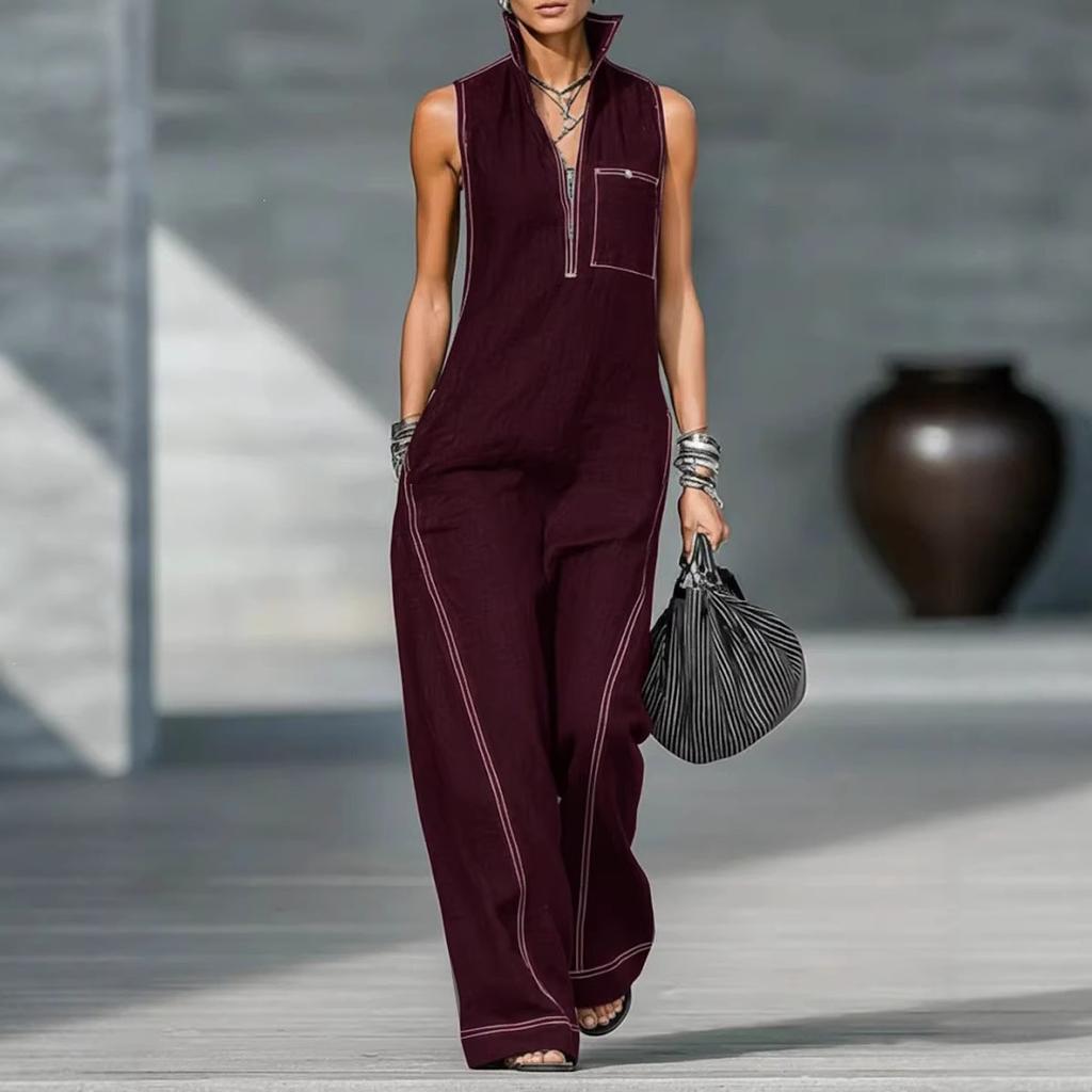 2026 new cross-border, European, American Amazon independent station women's stand-up collar sleeveless casual loose cotton and linen jumpsuit