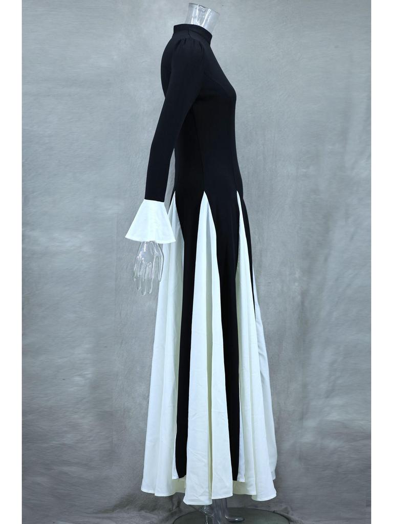 Осень/Зима 2024 Евро-американское черно-белое платье-свинг с длинным рукавом и оборками LX0105