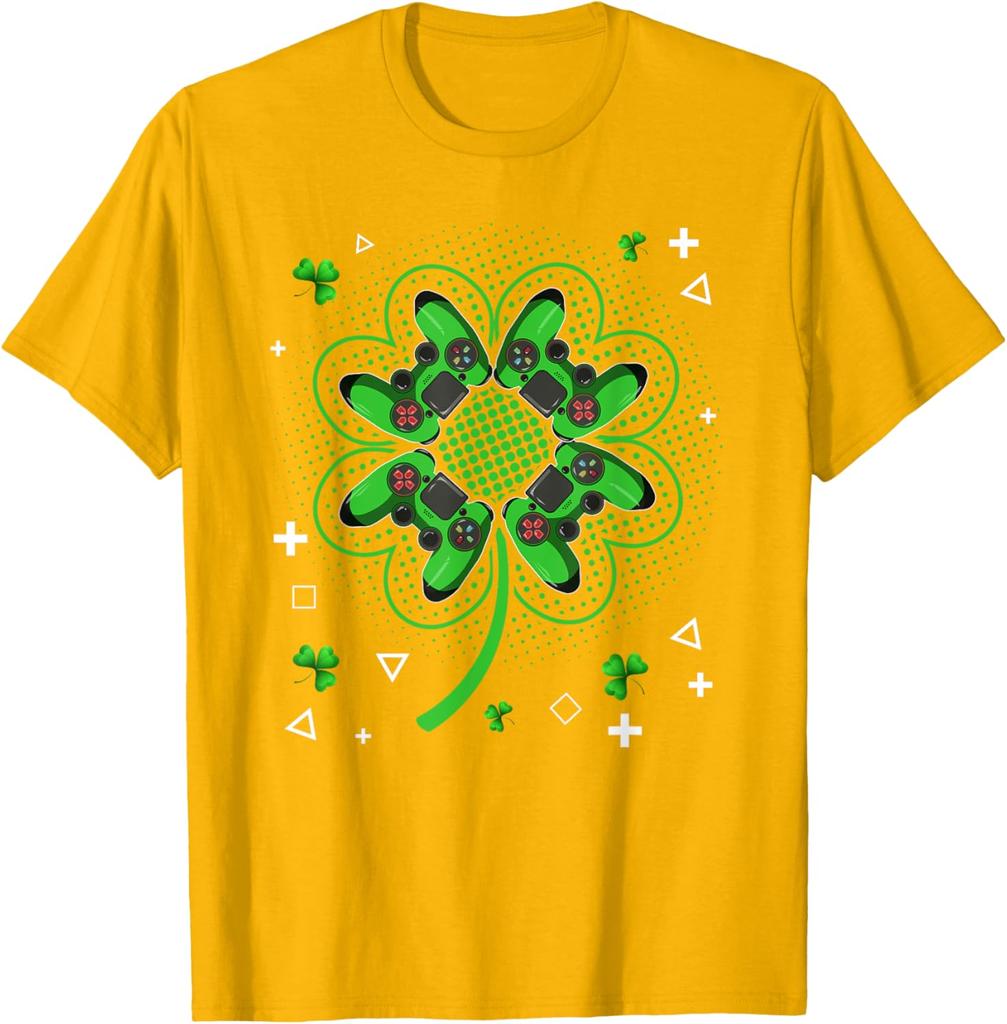 Gamer Shamrock Clover Controller St Patricks Day Graphic Tee Men Casual Trip T-Shirt