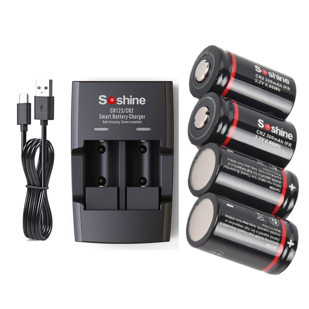 Soshine CR2 LiFePo4 Rechargeable Battery and 3.2V LiFePo4 Battery Charger 300mAh 15266 2000 Time Discharge Cycle Batteries Toys