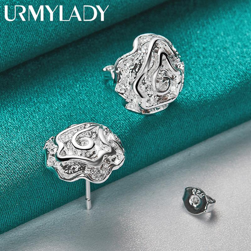 Серьги-гвоздики из стерлингового серебра 925 пробы с розовым цветком для женщин, модные ювелирные изделия