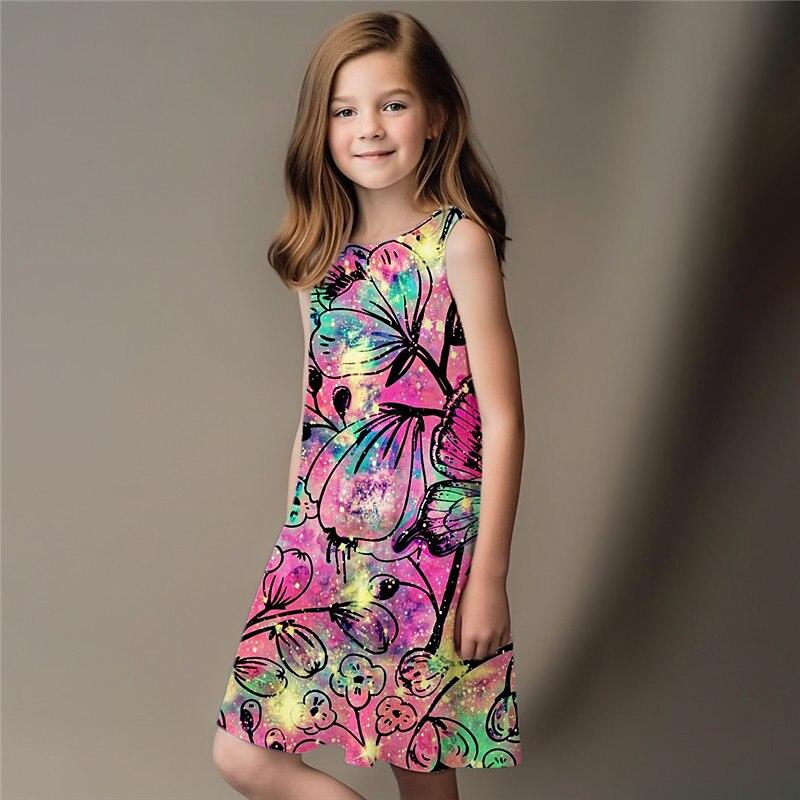 Летние платья-майки без рукавов с круглым вырезом, платья принцессы, милые платья для девочек с 3D-принтом бабочек и цветов