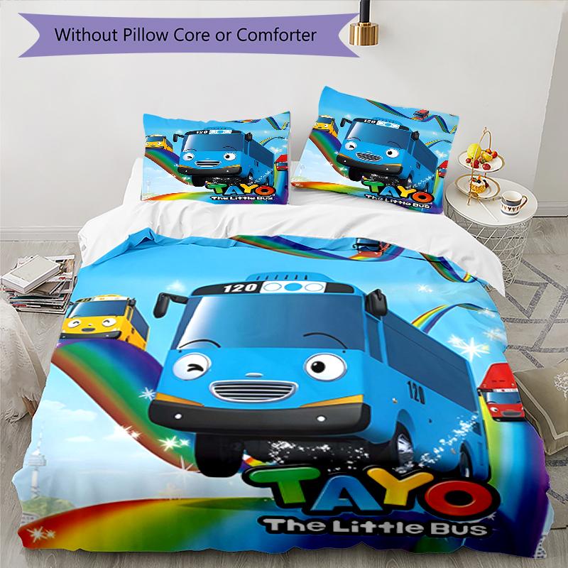 3pcs Tayo The Little Bus3 Design Cover Set - HD Printed Bedding with 1 Cover and 2 Pillowcases - Perfect for Home and Dorm Decor