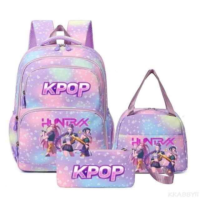 Трехкомпонентный набор K-pop Девушка-Охотник на Демонов Цветной Школьный Рюкзак Сумка для Ланча Пенал Подарочная Коробка