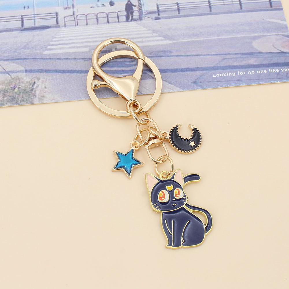 Derpy Moon Cat Keychain Pendant with Star Charm - Cute Kitten Bag Accessory