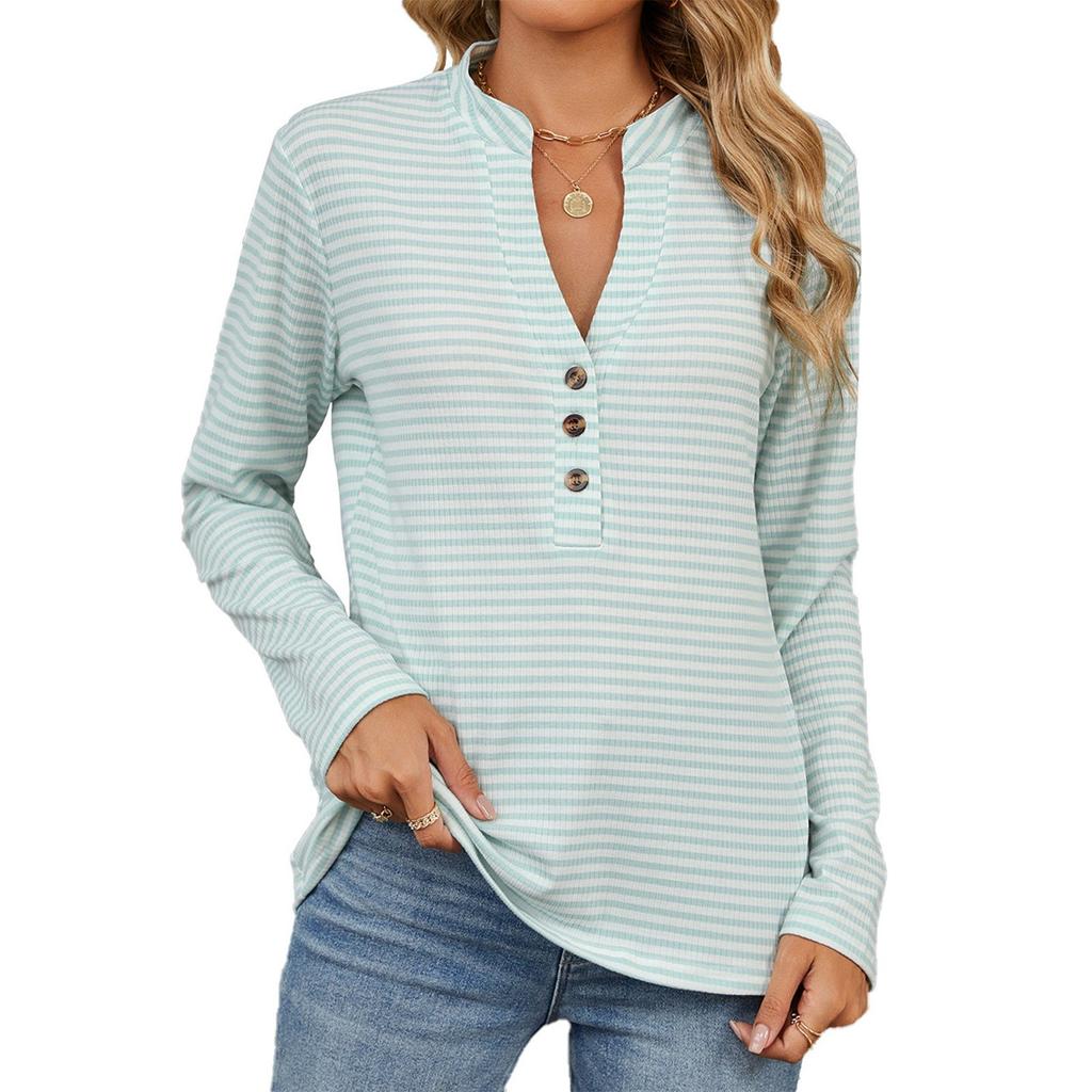 Women's Fashion Striped V Neck SLong Sleeve Button Casual T-shirt Top