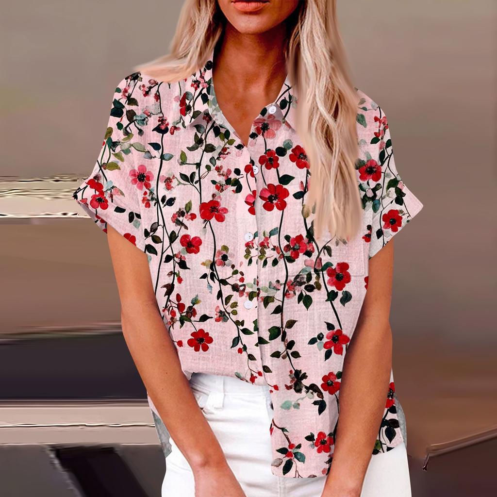 Женская модная свободная повседневная рубашка с коротким рукавом и отворотом на пуговицах, футболка с принтом, топ