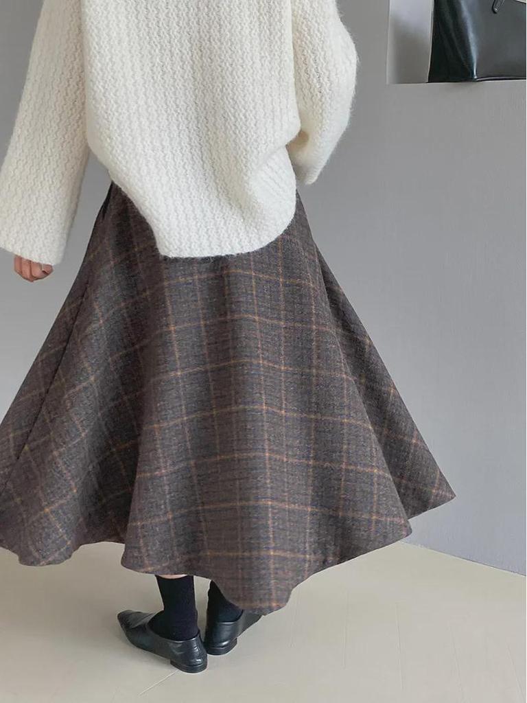 Jiangzuo 3D Cut Retro Wool Plaid Skirt 6167