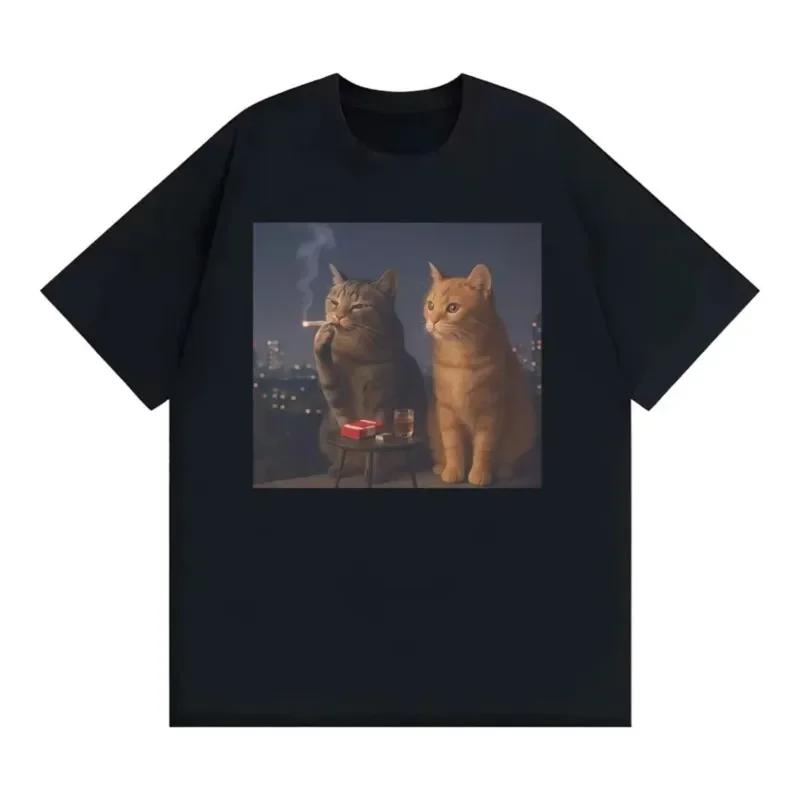 100 Printed Fun Cat Smoking Pattern Retro Relaxed And Comfortable Style Tshirt