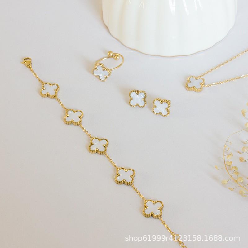 Stainless Steel Four Leaf Clover Jewelry Set - Necklace Bracelet Earrings Studs Women Men Fashion OL Style