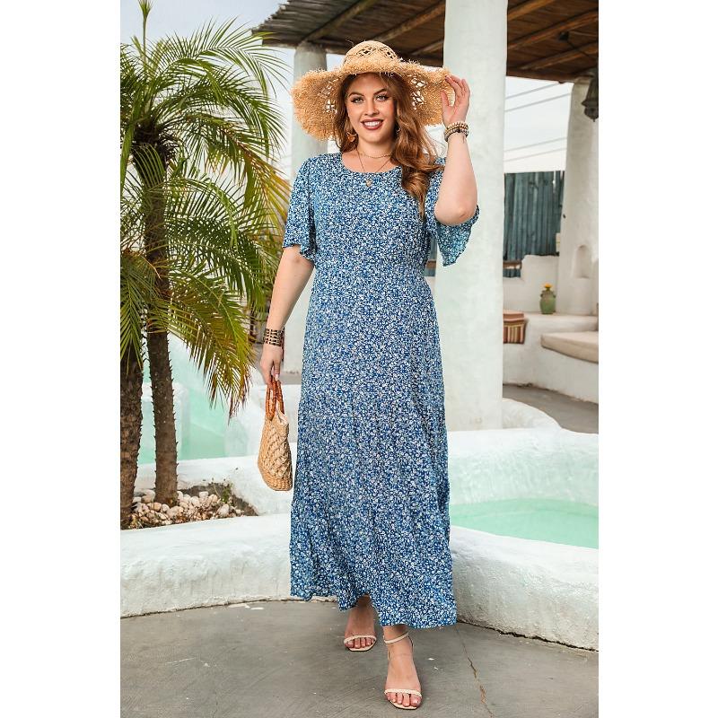 Новое повседневное платье для отпуска с цветочным принтом, круглым вырезом, коротким рукавом, миди-платьями