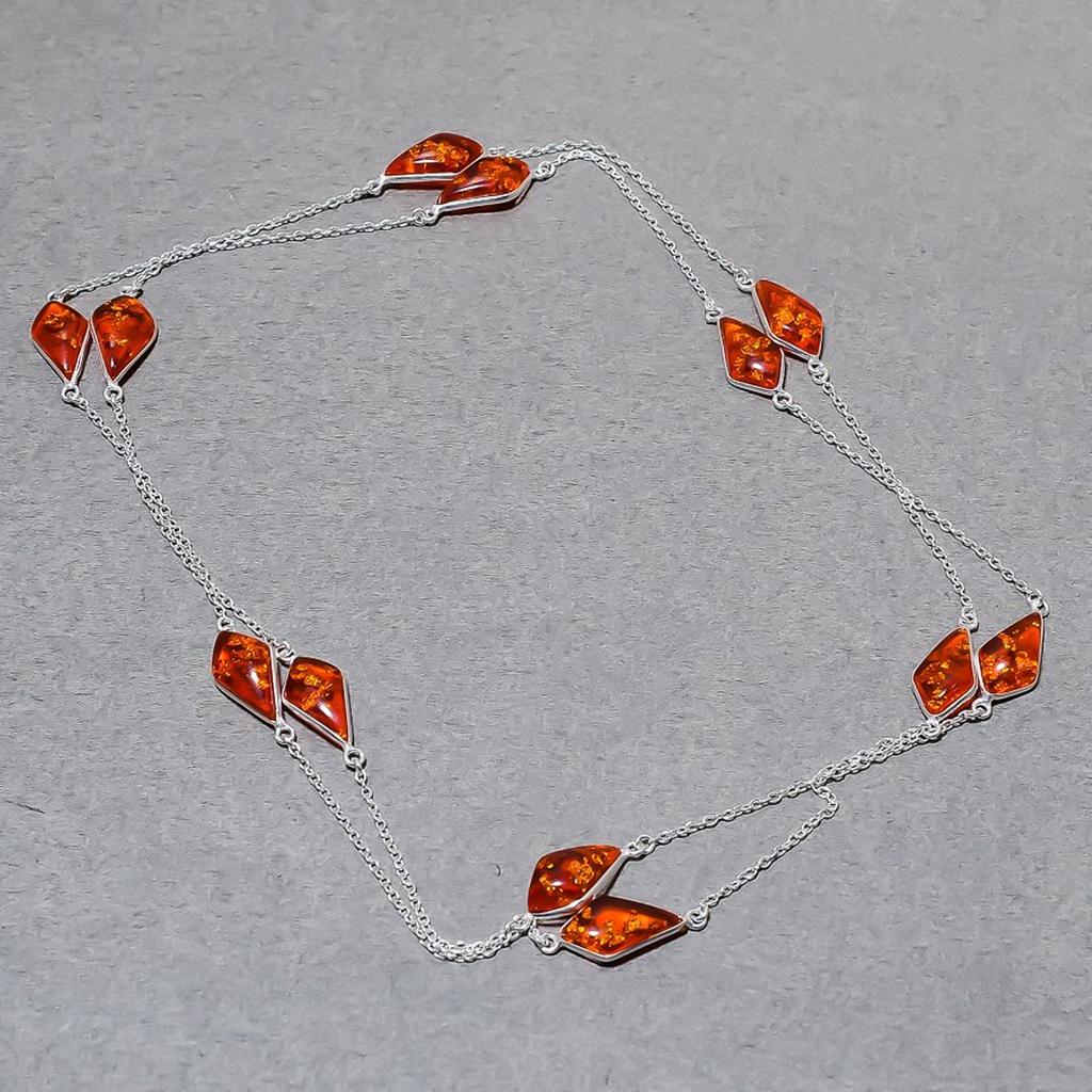 Yellow Amber Necklace 36 Inch Chain Gemstone Silver Finish Polished Gift Jewelry