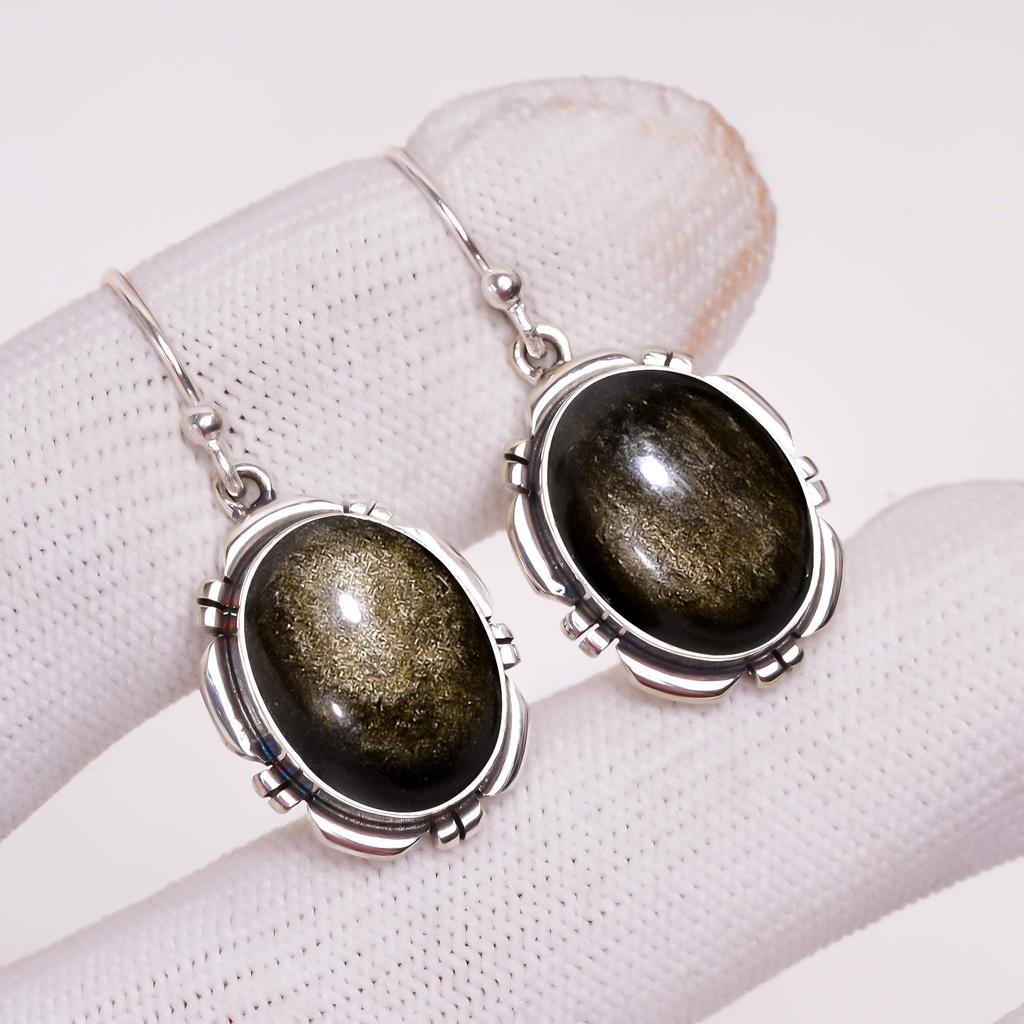 Золотистый обсидиан - Мексика Серьга из стерлингового серебра 925 пробы V377, Коричневая серьга, Овальная серьга, Подарок на День святого Валентина, Подарок для нее, Подарок на день рождения, Ручная работа