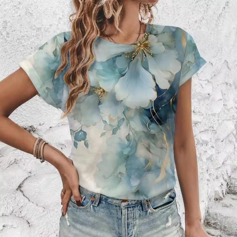 Элегантная женская футболка с художественным цветочным узором, модная футболка с 3D-печатью, популярная женская футболка с короткими рукавами Ummer Leisure