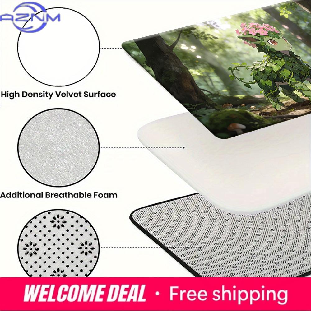 Cute Plant-Type Eevee with Flower Crown in Sunlit Forest Print Non-slip Doormat, Soft Absorbent Floor Rug for Home Decor