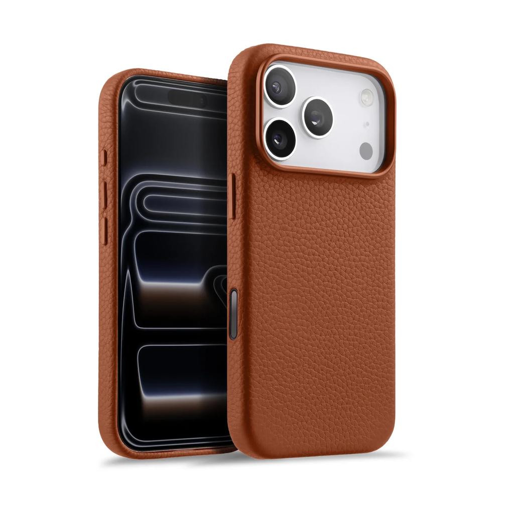 Melkco With AI Button Genuine Leather Case for iPhone 17 Pro Max Air Top-layer Cowhide Metal Lens Ring Magnetic Charging Cover