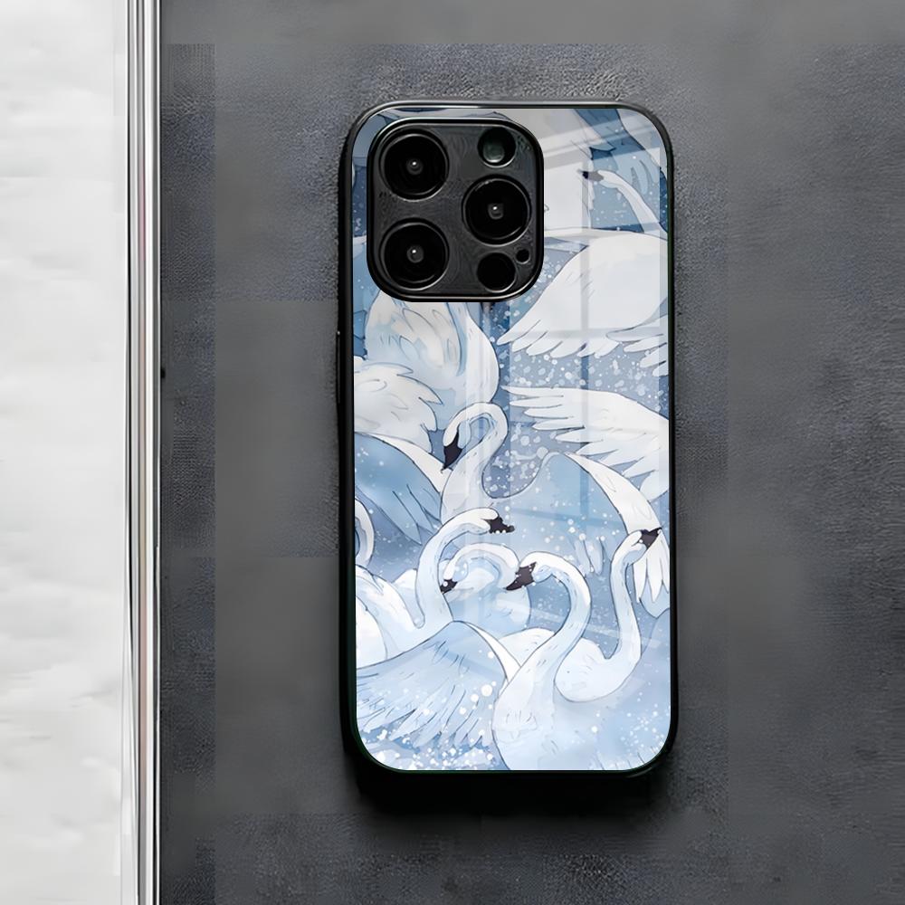 Чехол для телефона с иллюстрацией Белого Лебедя Для IPhone 17 Air 16 E Pro Max 15 14 13 Mini 12 Pro 11 Max Plus Черная Стеклянная Крышка