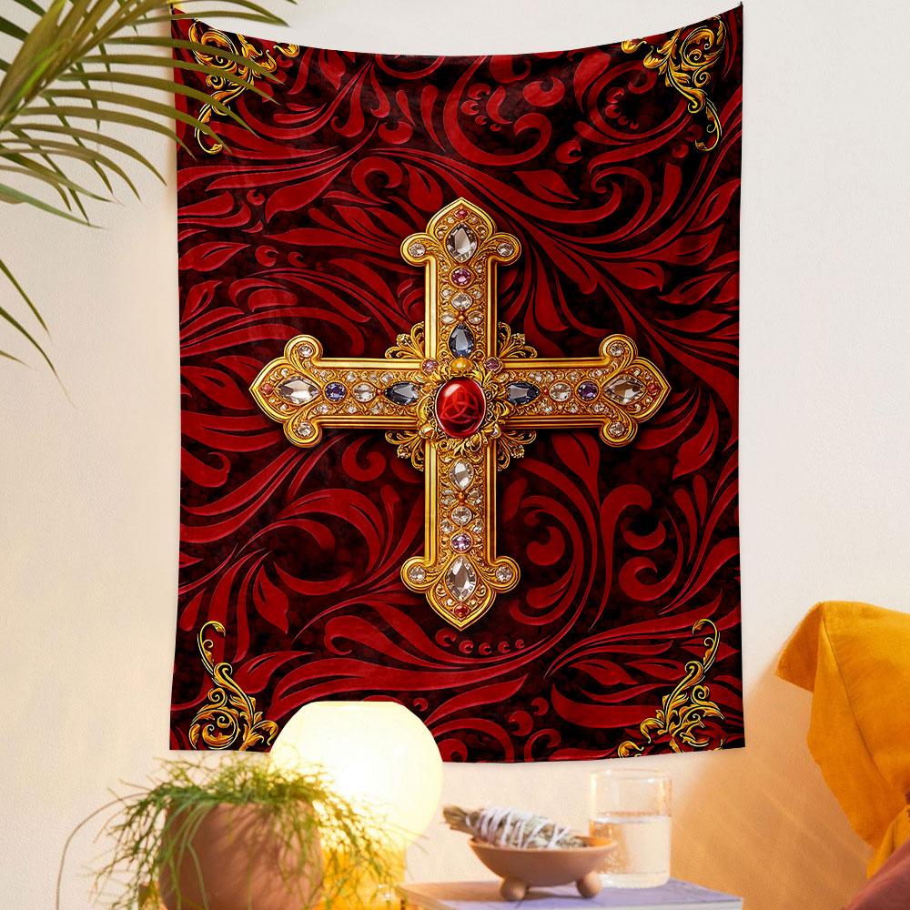 Golden Jewel Cross on Red Ornate Pattern Patterned tapestry home decor, suitable for bedroom and living room, gift