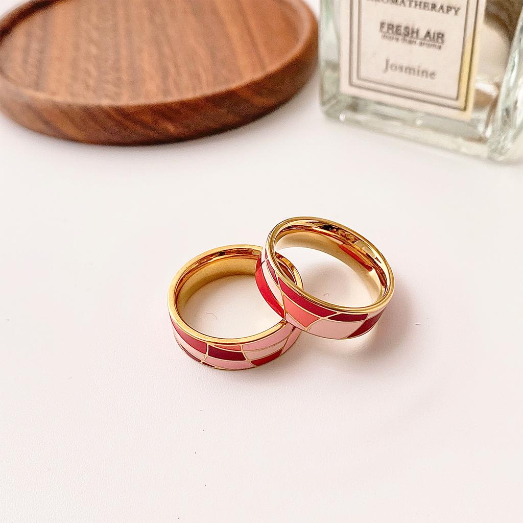 Enamel Colorful Oil Geometric Mesh Pattern 18K Gold Plated 316L Stainless Steel Ring Candy Pink for Women Engagement Gift Party