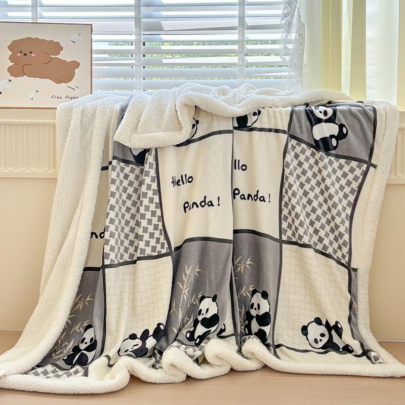Cartoon Style Lamb Wool Printed Blanket Autumn Winter Thick Bedding Blanket for Single Double Napping Shawl for Office Sofa