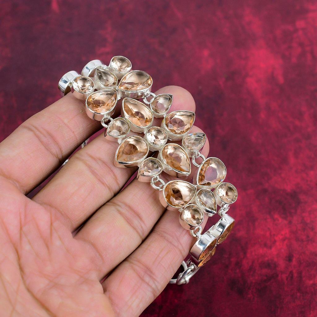 Morganite Bracelet, Handmade Gemstone 925 Solid Sterling Silver Bracelet Antique Jewelry, Adjustable Chain Bracelet, Engagement Gift